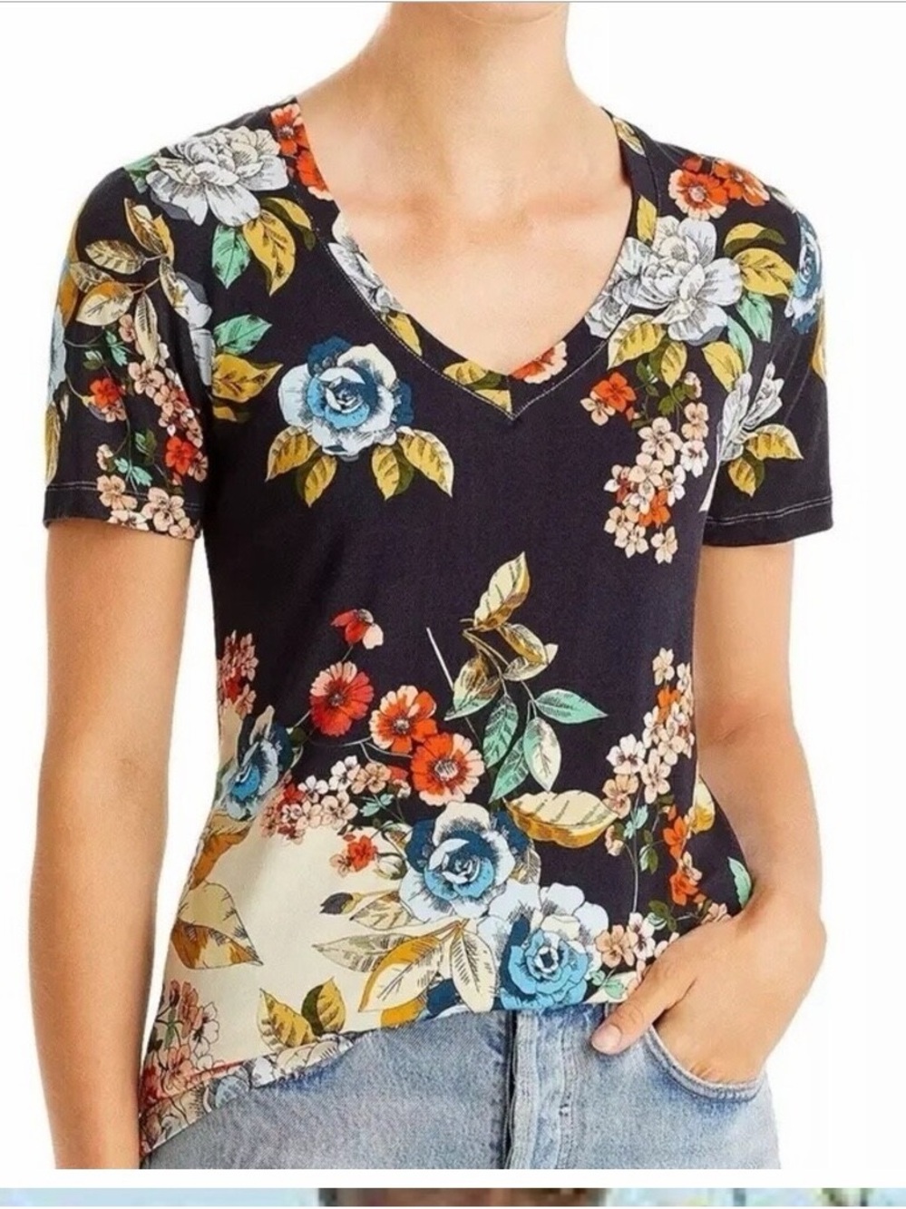 Johnny Was Emma Rose Favorite Black Floral V-Neck Short Sleeve Top